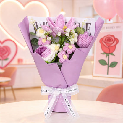Handmade Crochet Flower Bouquet, Light Purple Lilies And Roses