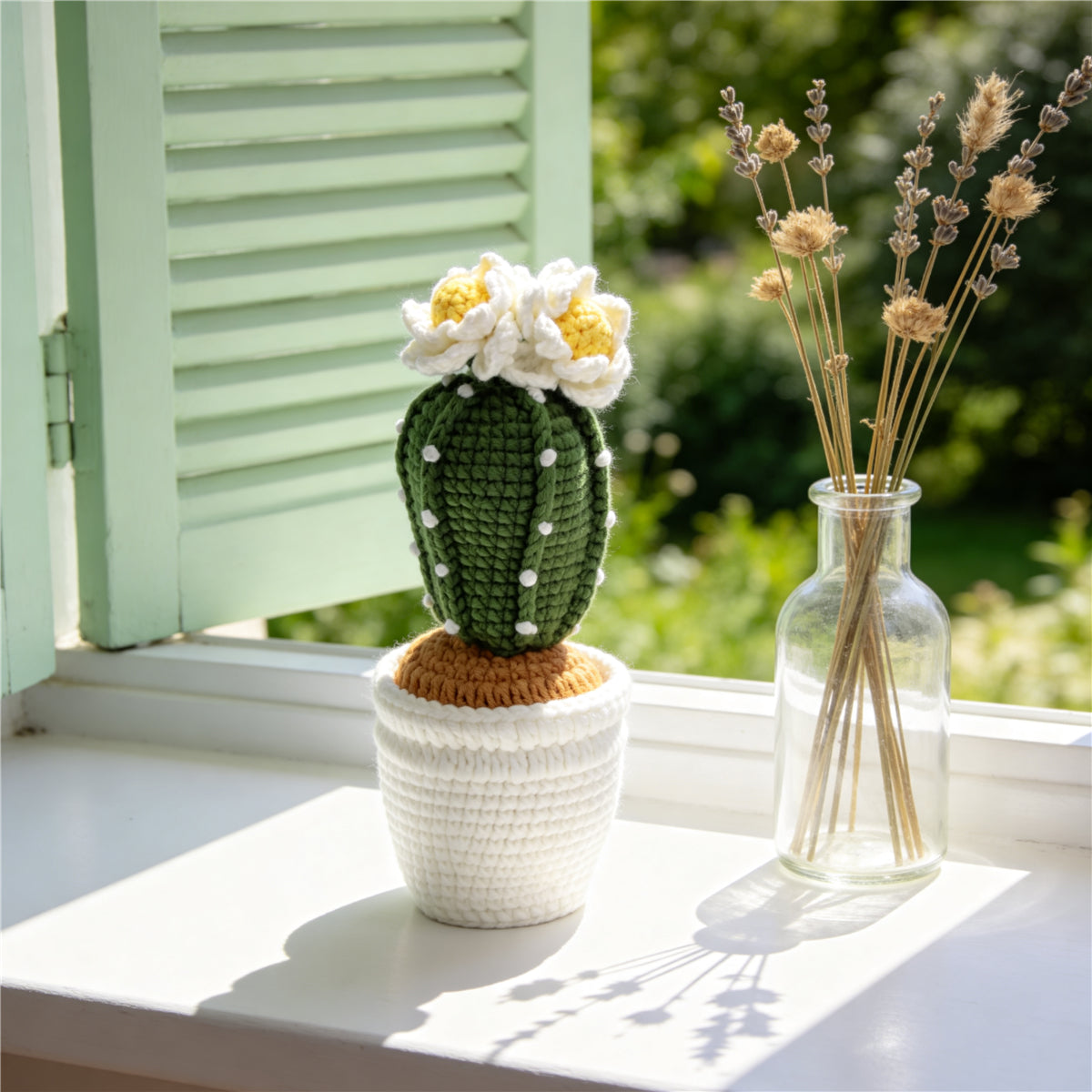 Handmade Crochet Flowering Cactus Pot Ornament Soft Yarn Everlasting Crochet Plant Blooms Indoor Home Tabletop Decorative Ornament