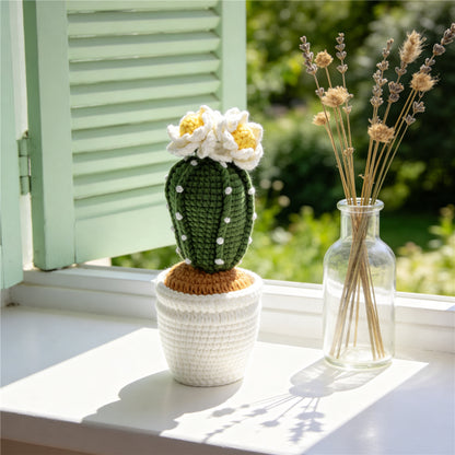 Handmade Crochet Flowering Cactus Pot Ornament Soft Yarn Everlasting Crochet Plant Blooms Indoor Home Tabletop Decorative Ornament