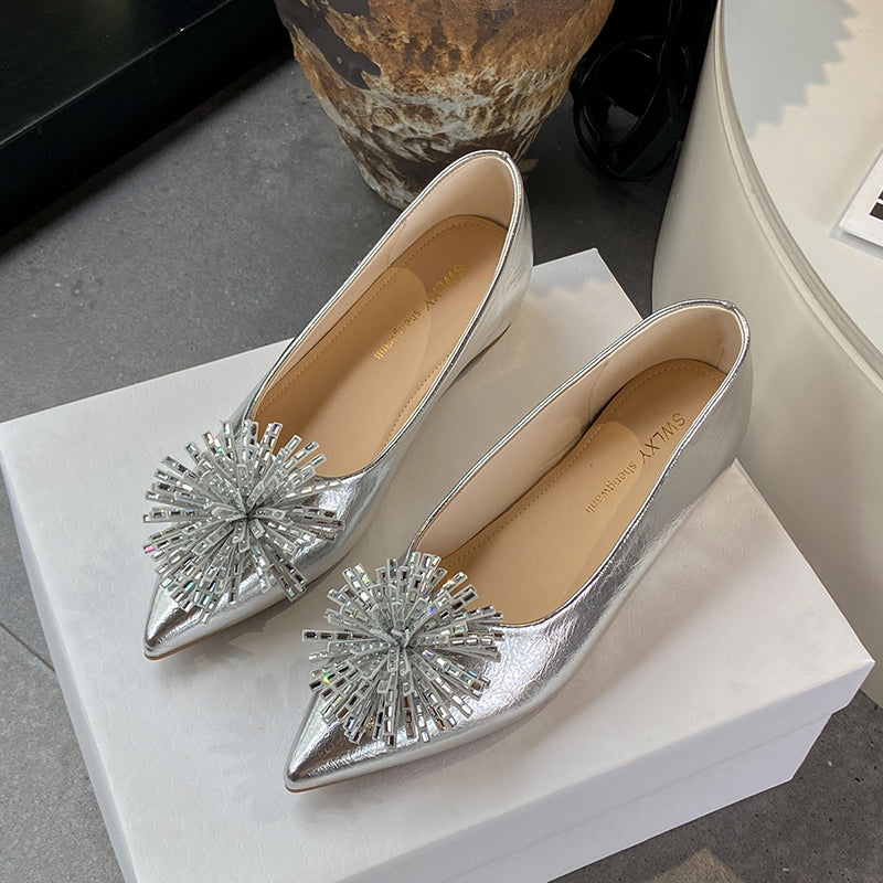 Women's 6cm Invisible Height Increase Mary Jane Flats, French Elegant Pointed Toe Low Cut Slip On Shoes, Rhinestone Floral Decor Dress Shoes For