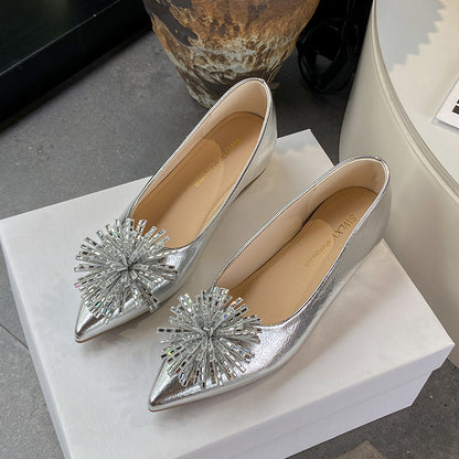 Women's 6cm Invisible Height Increase Mary Jane Flats, French Elegant Pointed Toe Low Cut Slip On Shoes, Rhinestone Floral Decor Dress Shoes For