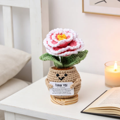 Handmade Crochet Potted Flower, Cute Flower Pot Matched With Gradient Camellia, Soft Yarn Everlasting Crochet Floral Pot, Indoor Home Desktop