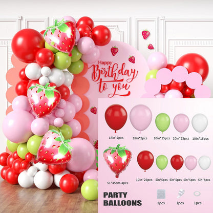 Strawberry Theme Balloon Set Birthday Party Decoration Kit With Background Props For Kids Baby Shower Event Supplies