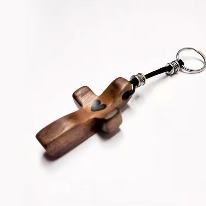 Black Walnut Wood Cross Keychain with Heart Charm - Easter Wooden Pendant for Bag Decor Gift
