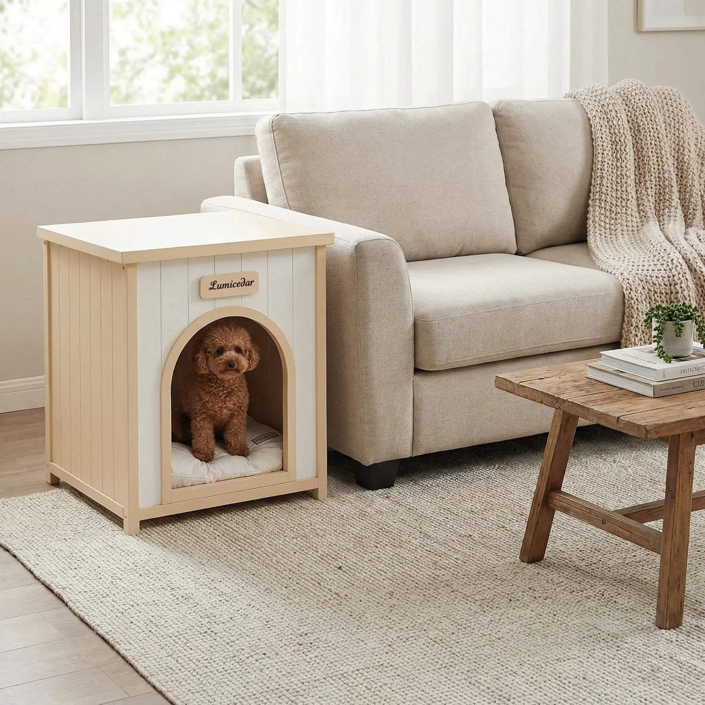 Modern Indoor Wooden Dog House with Removable Cushion – Solid Cedar