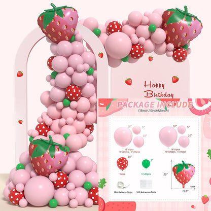 Strawberry Theme Balloon Set Birthday Party Decoration Kit With Background Props For Kids Baby Shower Event Supplies