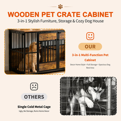 Wooden Dog Crate Furniture, Large Dog Kennel with Storage Top, Indoor