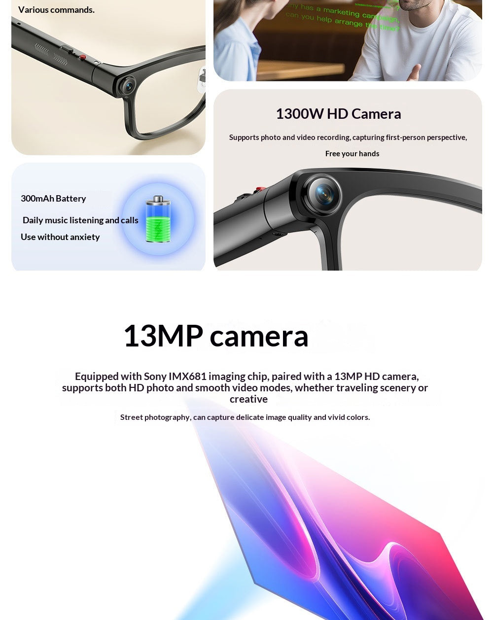 AI Smart Glasses, 1300 MP High Definition Camera, Anti Shake Shooting, Object Recognition Multi Functional Eyeglasses