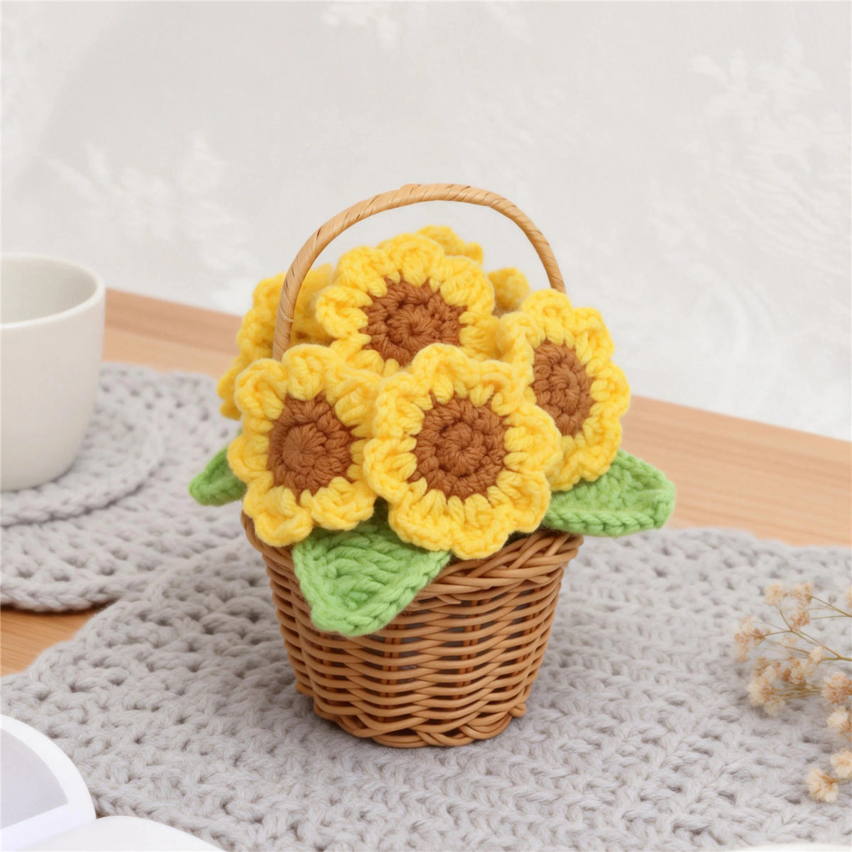 Handmade Crochet Assorted Flower Basket Potted Ornaments, Everlasting Soft Yarn Crochet Blooms With Woven Carry Basket, Indoor Home Tabletop