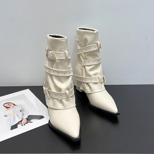 Women's Fashion Versatile Pointed Toe High Heel Slip-on Ankle Boots, 2026 Autumn & Winter New, Rivet & Belt Buckle Decor Fashion Pants Boots