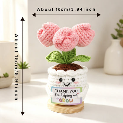 Handmade Crochet Tulip Pot Ornament With White Crocheted Container Soft Yarn Everlasting Crochet Blooms With Thankful Message Card Indoor Home