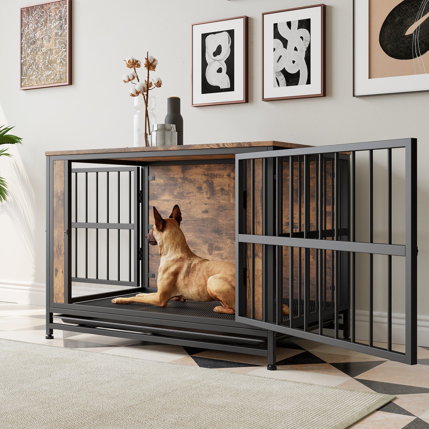 Dog Crate Furniture, Wooden Dog Crate Table, 38.9" Dog Kennel with 2