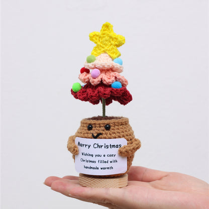 Handmade Crochet Christmas Tree Combined Potted Flower Ornaments, Everlasting Soft Yarn Crochet Saplings With Festive Message Cards, Indoor Home