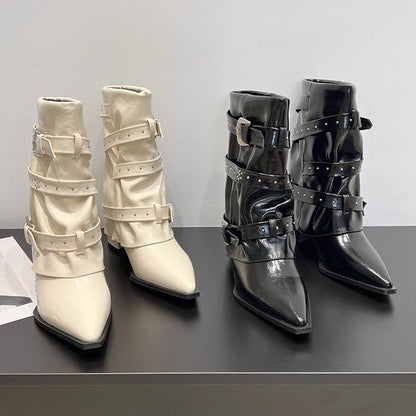 Women's Fashion Versatile Pointed Toe High Heel Slip-on Ankle Boots, 2026 Autumn & Winter New, Rivet & Belt Buckle Decor Fashion Pants Boots