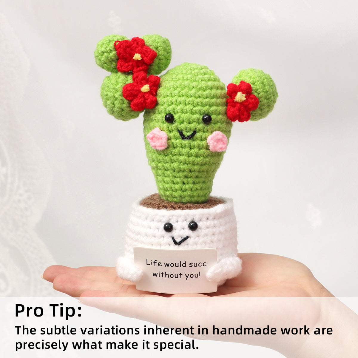 Handmade Crochet Cactus Pot Ornament With Bright Red Blossoms Soft Yarn Everlasting Crochet Plant With Message Card Indoor Home Tabletop Decorative