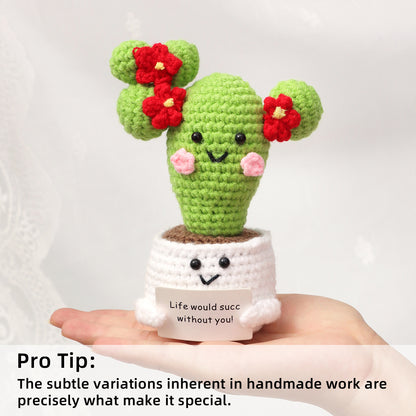 Handmade Crochet Cactus Pot Ornament With Bright Red Blossoms Soft Yarn Everlasting Crochet Plant With Message Card Indoor Home Tabletop Decorative