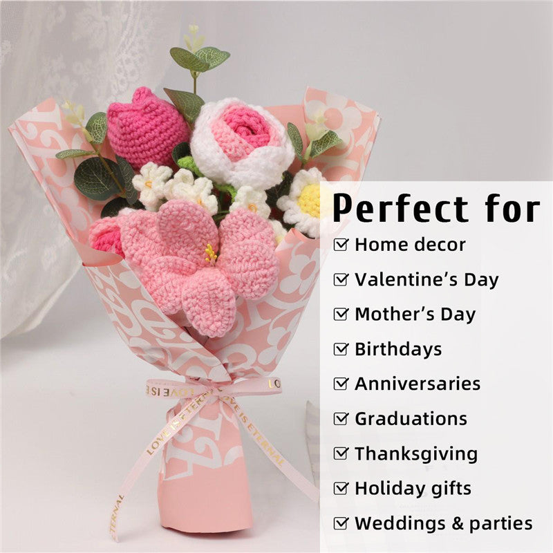 Handmade Crochet Yarn Flower Bouquet, Everlasting Crochet Tulip Rose
