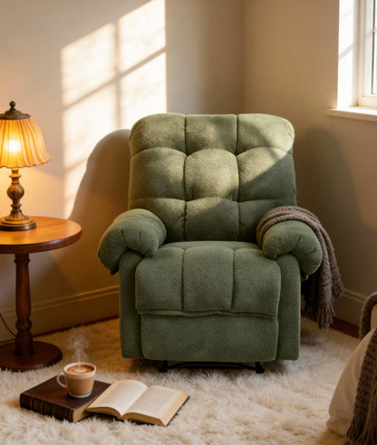 Green Recliner Chair, Overstuffed Armchair, Manual Recliner, Living