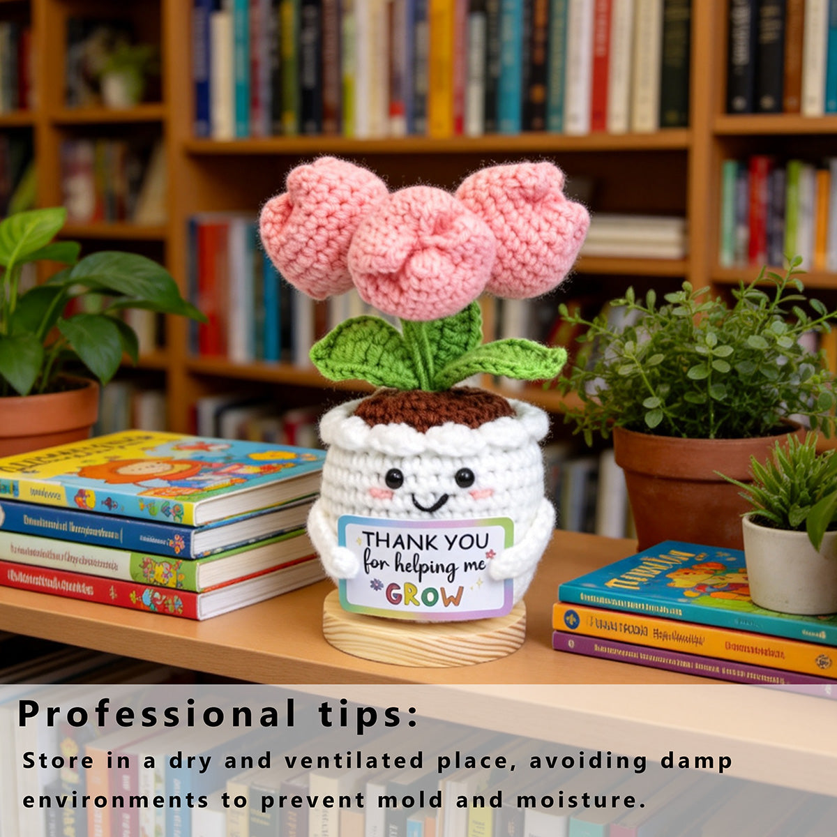 Handmade Crochet Tulip Pot Ornament With White Crocheted Container Soft Yarn Everlasting Crochet Blooms With Thankful Message Card Indoor Home