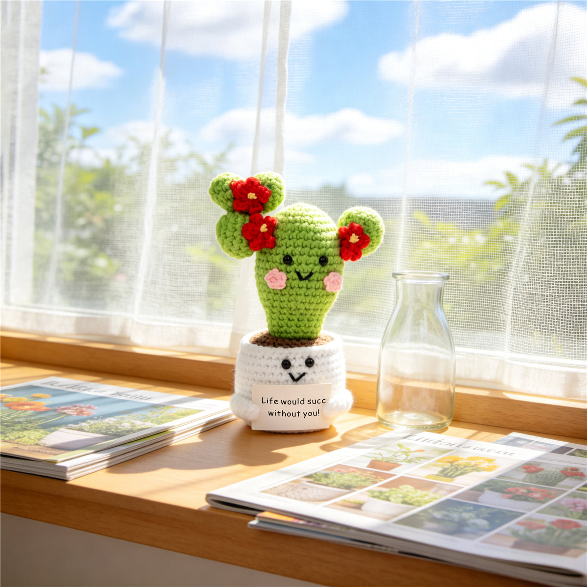Handmade Crochet Cactus Pot Ornament With Bright Red Blossoms Soft Yarn Everlasting Crochet Plant With Message Card Indoor Home Tabletop Decorative