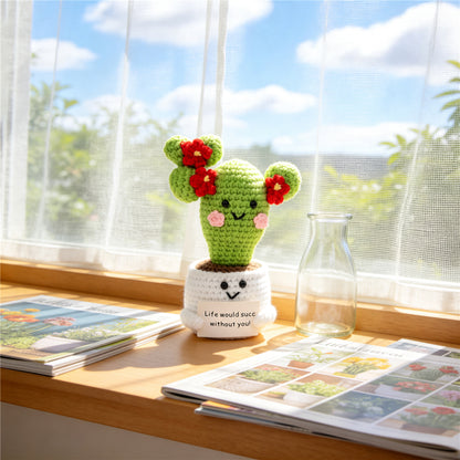Handmade Crochet Cactus Pot Ornament With Bright Red Blossoms Soft Yarn Everlasting Crochet Plant With Message Card Indoor Home Tabletop Decorative