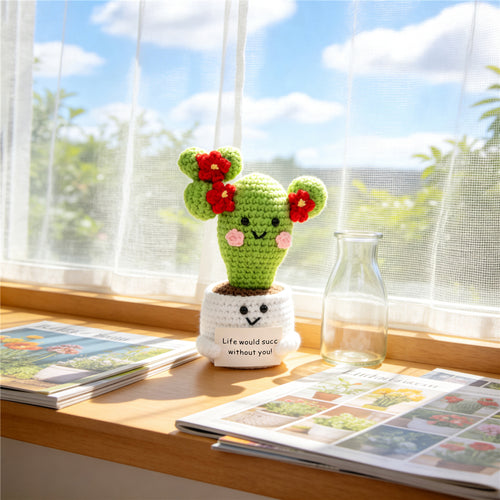Handmade Crochet Cactus Pot Ornament With Bright Red Blossoms Soft Yarn Everlasting Crochet Plant With Message Card Indoor Home Tabletop Decorative