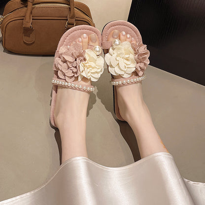 Home Decor - Women Romantic 3D Fabric Flower Pearl Decor Flat Slide