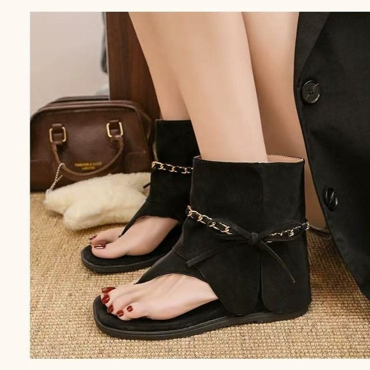 Women Y2K Gold Chain Decor Thong Toe Ankle Sandal Boots, Flat Heel Square Open Toe Folded Layer Upper Retro Street Wear Short Booties