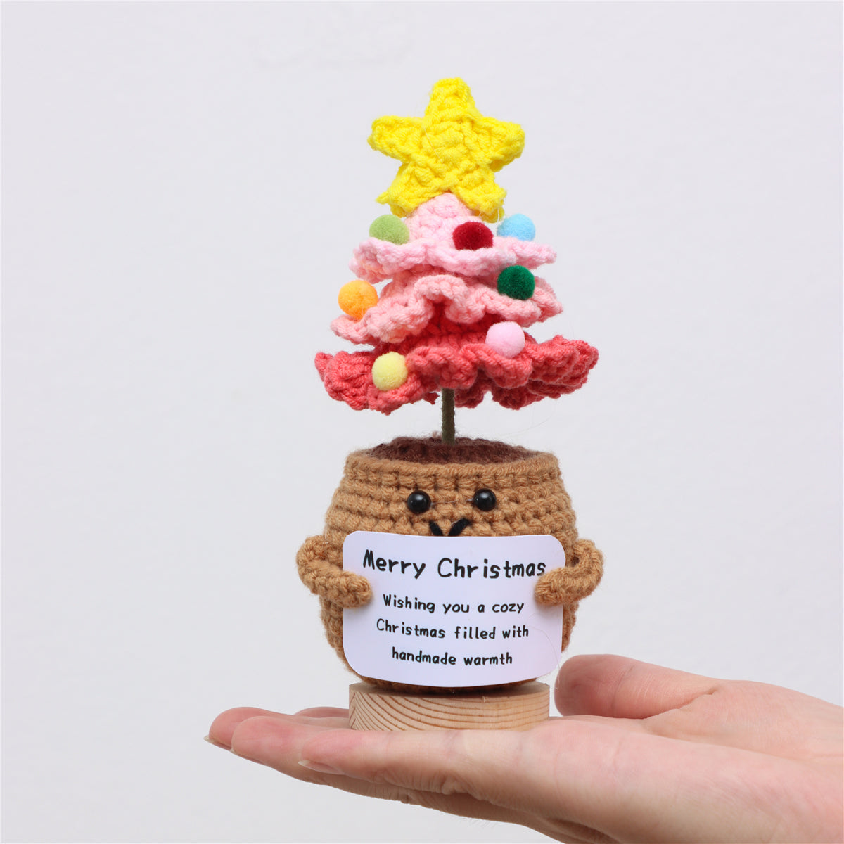 Handmade Crochet Christmas Tree Combined Potted Flower Ornaments, Everlasting Soft Yarn Crochet Saplings With Festive Message Cards, Indoor Home