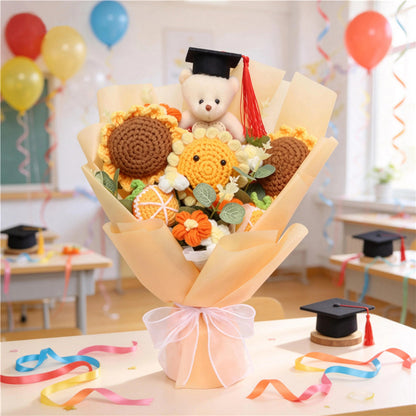 Graduation Handmade Crochet Bouquet, Knitted Sunflowers With Graduate