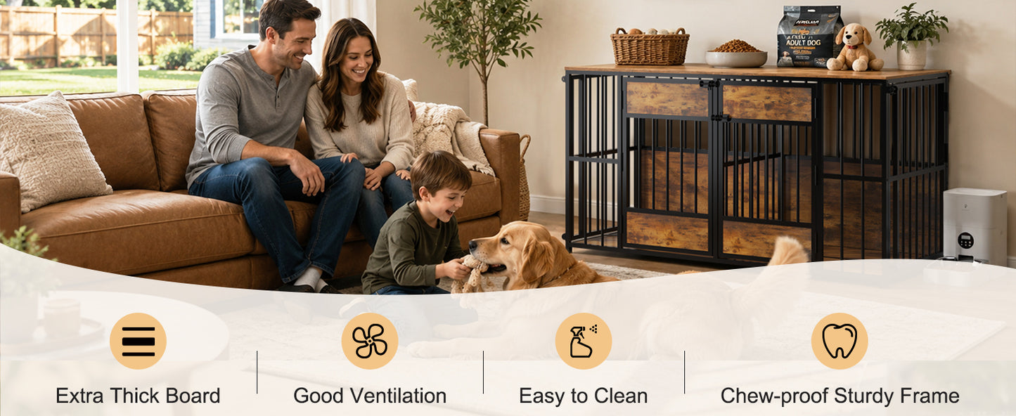 Wooden Dog Crate Furniture, Large Dog Kennel with Storage Top, Indoor