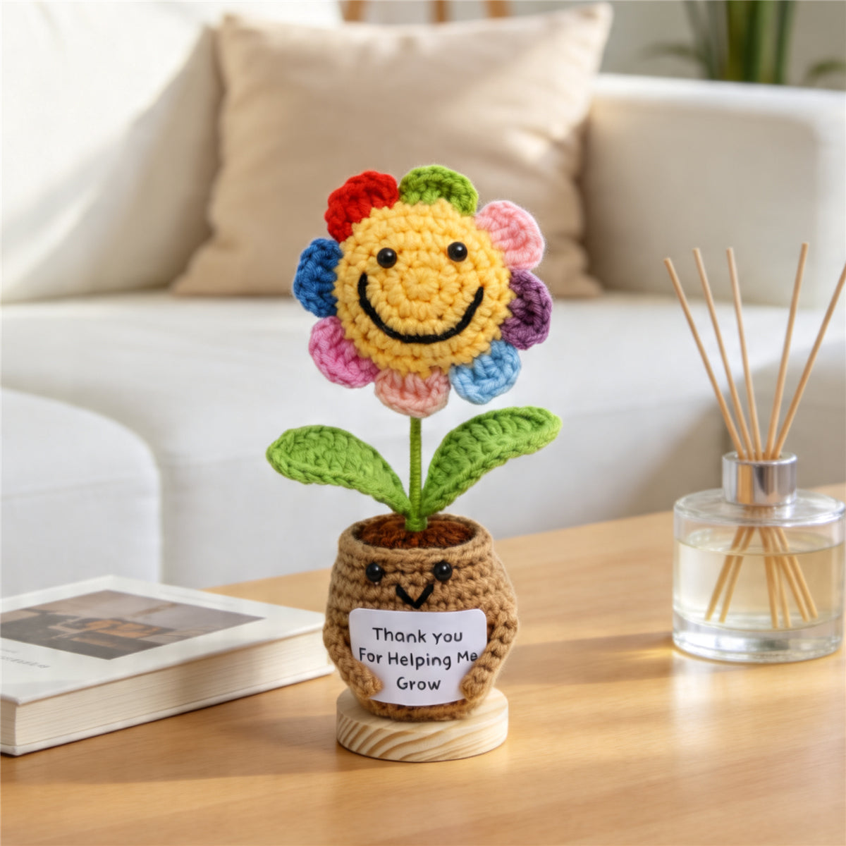 Handmade Crochet Potted Flower, Cute Flower Pot Matched With Rainbow Smiling Sunflower, Soft Yarn Everlasting Crochet Floral Pot, Indoor Home Desktop
