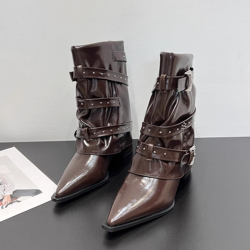 Women's Fashion Versatile Pointed Toe High Heel Slip-on Ankle Boots, 2026 Autumn & Winter New, Rivet & Belt Buckle Decor Fashion Pants Boots