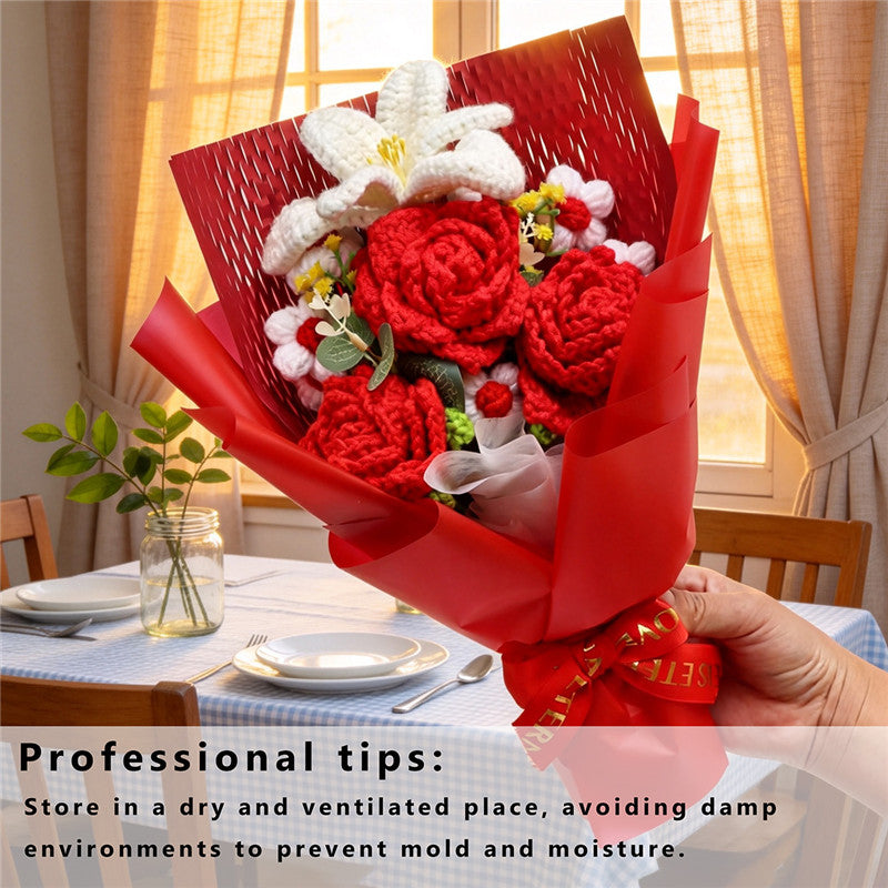 Handmade Knitted Crochet Bouquet, Red Roses & White Lily Everlasting