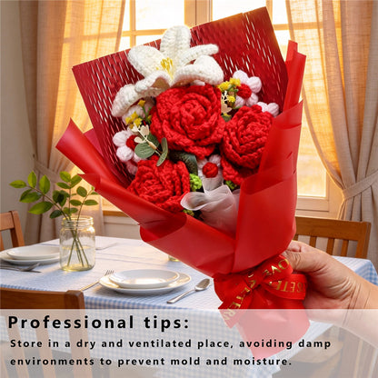 Handmade Knitted Crochet Bouquet, Red Roses & White Lily Everlasting