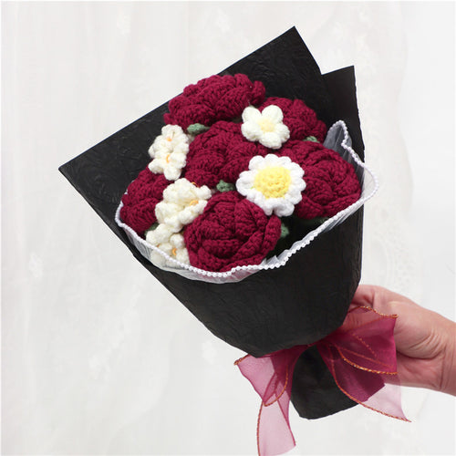 Handmade Crochet Bouquet, Burgundy Roses & White Daisies Everlasting
