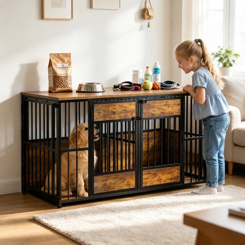 Wooden Dog Crate Furniture, Large Dog Kennel With Storage Top, Indoor