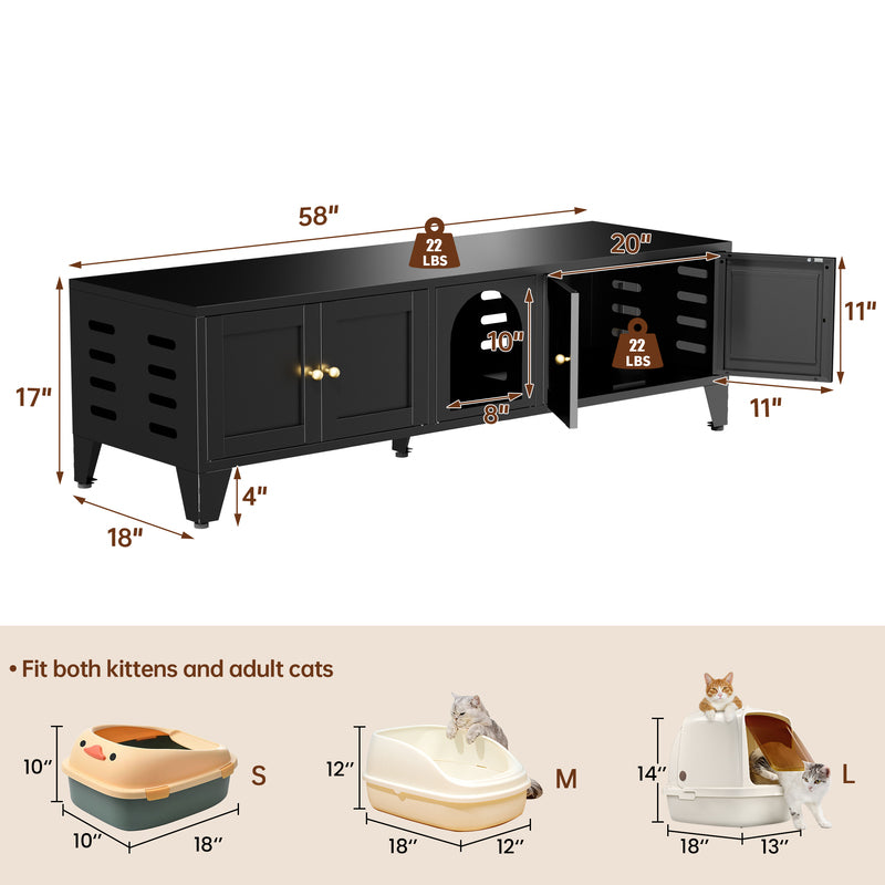 58in Metal Cat Litter Box Enclosure, Hidden Litter Furniture For 2