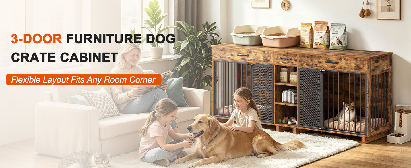 Large Wooden Dog Crate Furniture, Multi-Functional Pet Cage Cabinet