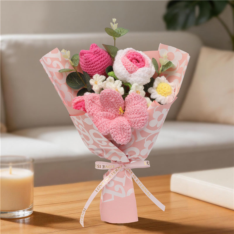 Handmade Crochet Yarn Flower Bouquet, Everlasting Crochet Tulip Rose