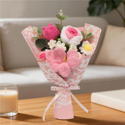 Handmade Crochet Yarn Flower Bouquet, Everlasting Crochet Tulip Rose