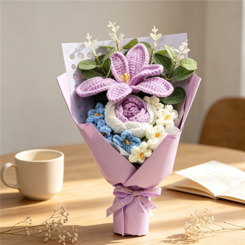 Handmade Crochet Knitted Bouquet, Purple Lily & Gradient Rose