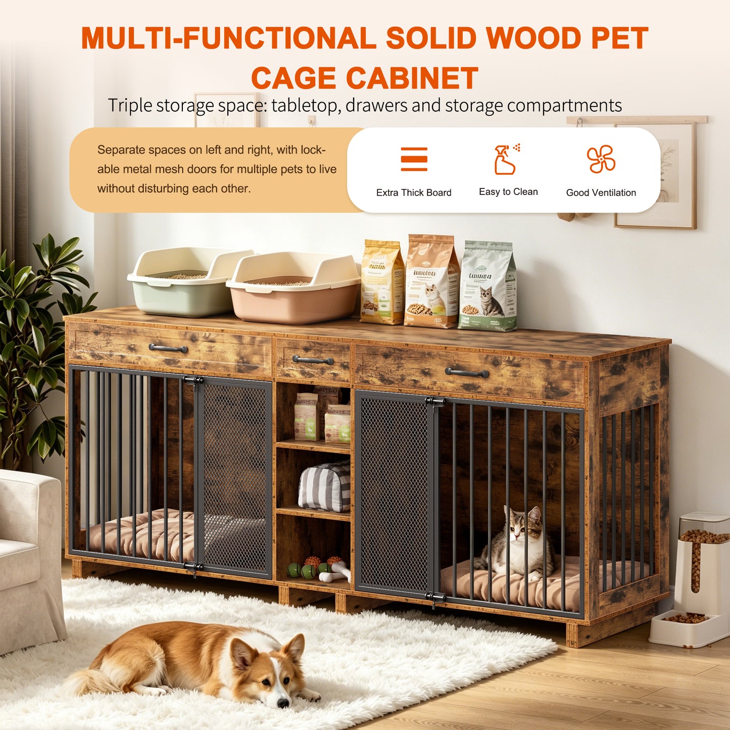 Large Wooden Dog Crate Furniture, Multi-Functional Pet Cage Cabinet