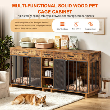 Large Wooden Dog Crate Furniture, Multi-Functional Pet Cage Cabinet