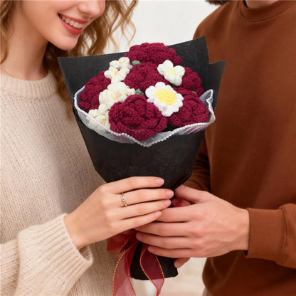 Handmade Crochet Bouquet, Burgundy Roses & White Daisies Everlasting