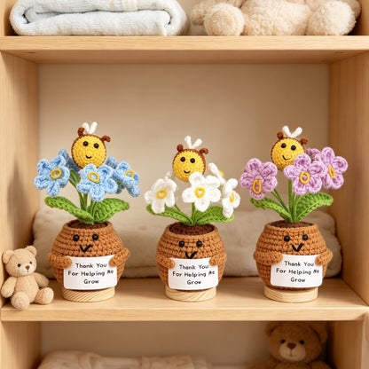 Handmade Crochet Bee Assorted Flower Pot Ornaments Soft Yarn Everlasting Crochet Blooms With Thank You Note Cards Indoor Home Tabletop Decorative