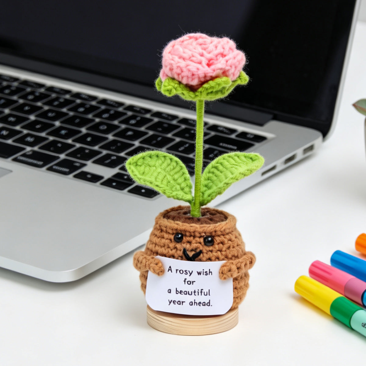 Handmade Crochet Romantic Shaped Potted Flower Ornaments, Everlasting Soft Yarn Crochet Blooms With Inspirational Note, Indoor Home Tabletop