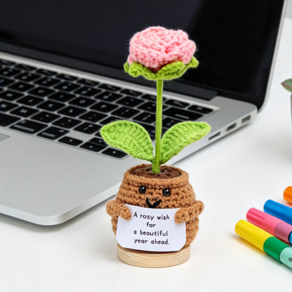 Handmade Crochet Romantic Shaped Potted Flower Ornaments, Everlasting Soft Yarn Crochet Blooms With Inspirational Note, Indoor Home Tabletop