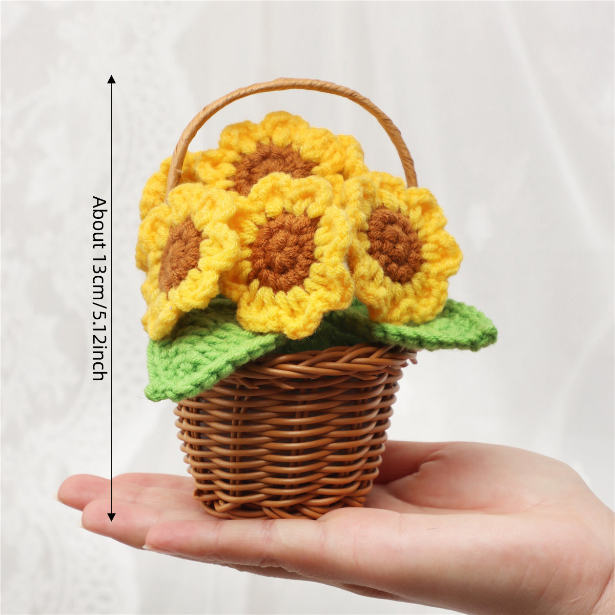 Handmade Crochet Assorted Flower Basket Potted Ornaments, Everlasting Soft Yarn Crochet Blooms With Woven Carry Basket, Indoor Home Tabletop