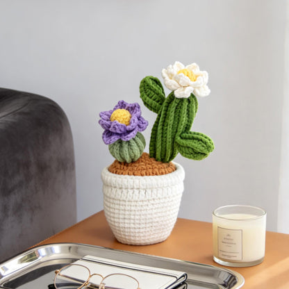 Handmade Crochet Flowering Cactus Pot Ornament Soft Yarn Everlasting Crochet Plant Blooms Indoor Home Tabletop Decorative Ornament